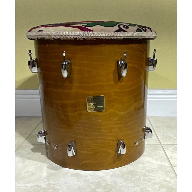 Vintage Suzani Upholstered Drum Wood Stool For Sale - Image 10 of 13
