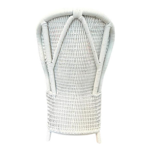 Wood Lacquered Rattan Fan Back Chairs Blue Cushions For Sale - Image 7 of 7