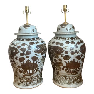 Vintage Hand-Painted Ceramic Ginger Jar Lamps - Pair For Sale