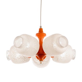 Space Age Pop Art Pendant Lamp in Orange with White Glass Shades attributed to Richard Essig, 1970s For Sale