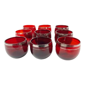 Mid Century Ruby Red Roly Poly Cocktail Glasses - 9 Pieces