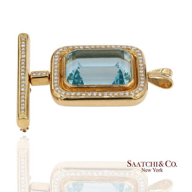 Gia 60 Ct Aquamarine and 4 Ct Diamond 18k Yellow Gold Convertible Pendant Brooch For Sale - Image 10 of 17
