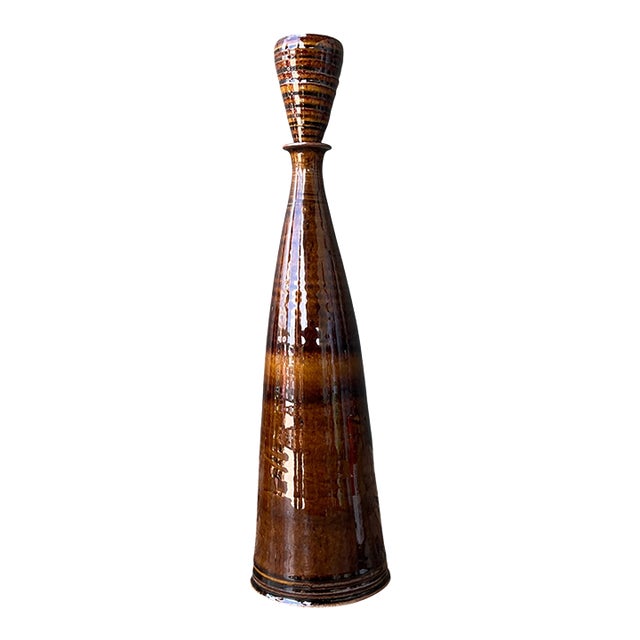 Vintage Handcrafted Brown Pottery Bottle For Sale