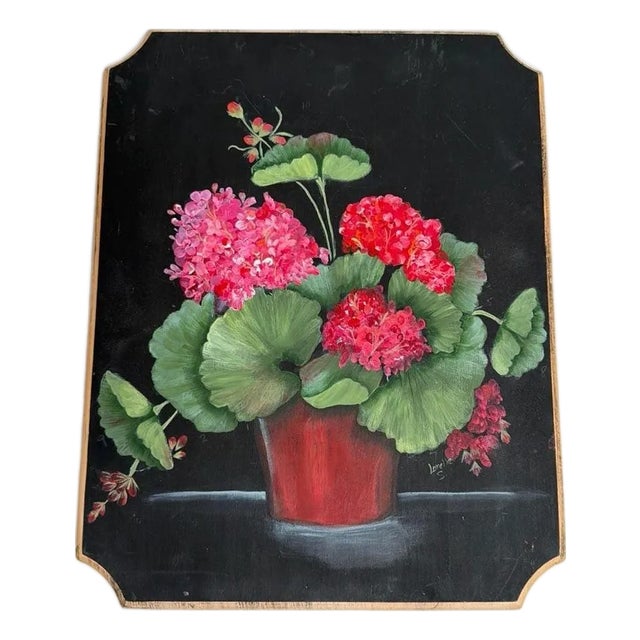 Vintage Hand Painted Geranium Floral Wood Plaque Signed Lorelle S. For Sale