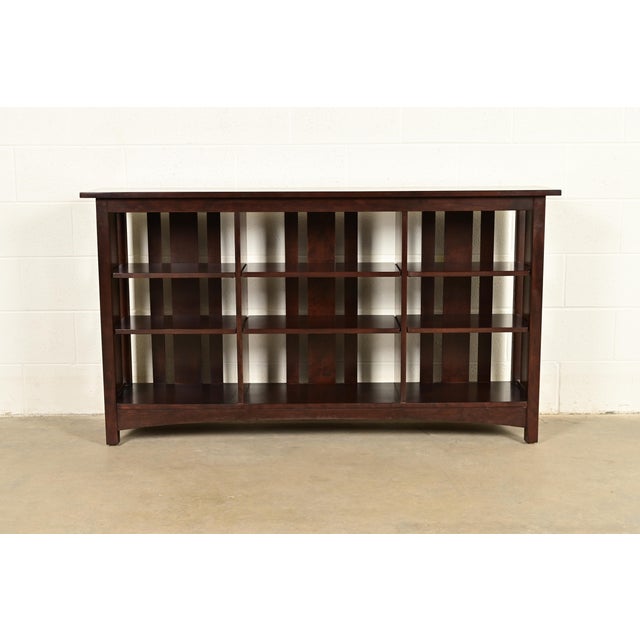 Mission Stickley Harvey Ellis Collection Mission Arts & Crafts Inlaid Cherry Wood Slatted Triple Bookcase For Sale - Image 3 of 12