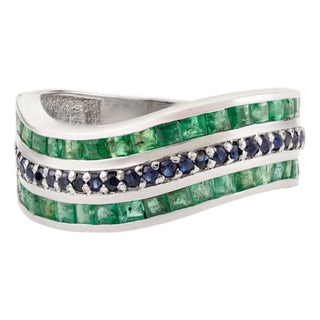 Exquisite Classic Emerald & Sapphire Wave Band Ring Set in Pure 925 Silver - Size 7 For Sale
