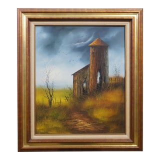 Late 20th Century Everett Woodson Rustic Barn Farm Silo Landscape Oil Painting 31" For Sale