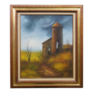 Late 20th Century Everett Woodson Rustic Barn Farm Silo Landscape Oil Painting 31"