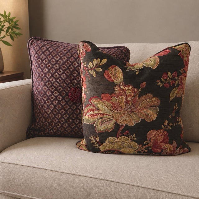 Vintage Diamond Cut Chenille Pillows With Rosette, a Pair For Sale - Image 11 of 11
