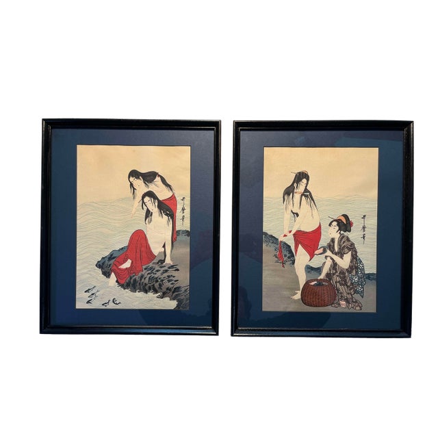 Set of 2 Kitagawa Utamaro Abalone Divers Japanese Woodblock Prints For Sale