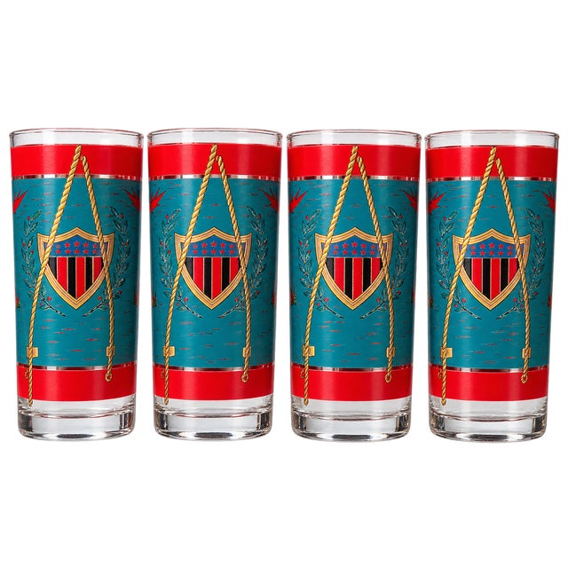 Vintage set of four Cera Glass highball glasses in the Regimental Drum pattern, featuring bold teal and red enamel...