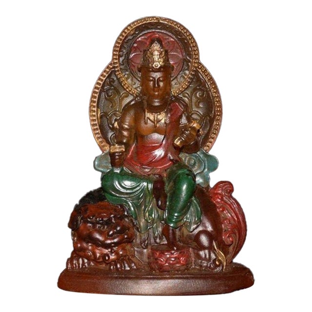 Vintage Chinese Liuli Glazed Porcelain Buddha Statue With Lion Mount For Sale