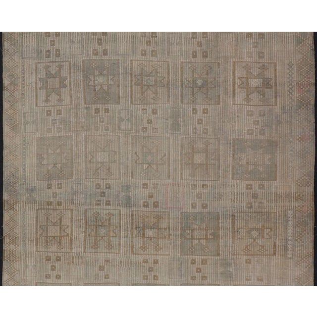Textile Vintage Turkish Embroidered Square Designed Kilim in Tan, Cream, and Light Green For Sale - Image 7 of 12