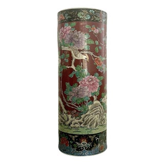 Antique Qing Dynasty Red Ground Chinese Umbrella Stand With Wrap Around Landscape Scene For Sale