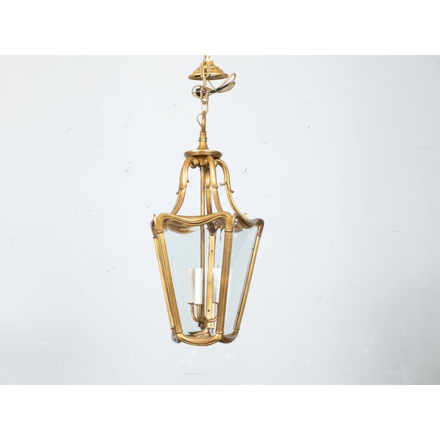 Gold Art Nouveau Style Gilt Metal Three-Light Lantern with Subtle Scrolling Effects For Sale - Image 8 of 12