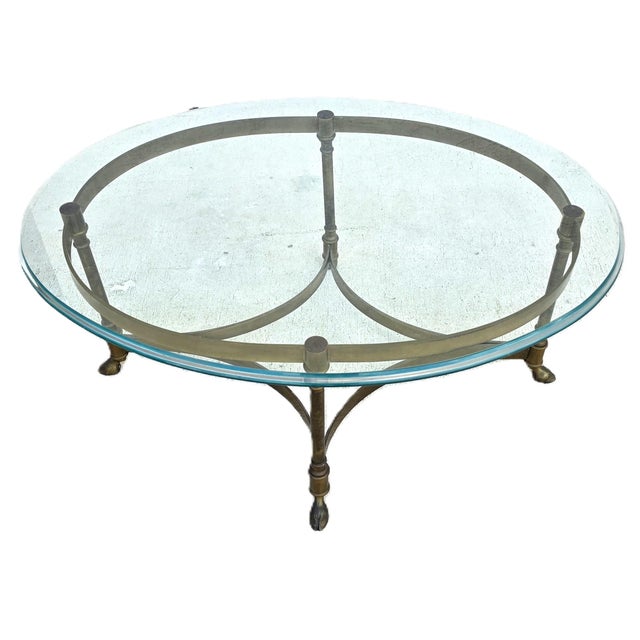 Hollywood Regency Vintage LaBarge Oval Brass Hoof Footed Glass Top Coffee Table For Sale - Image 3 of 15
