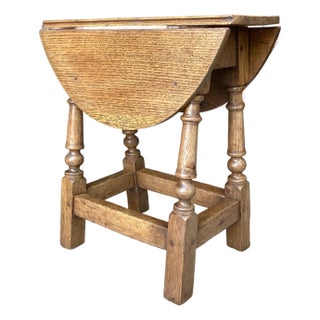 1970s English Oak Drop Leaf Joint Stool Side Table For Sale