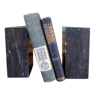 Vintage Black Likely Marble Bookends - Solid Rectangular Pair With White Veining, Mid-20th Century. For Sale