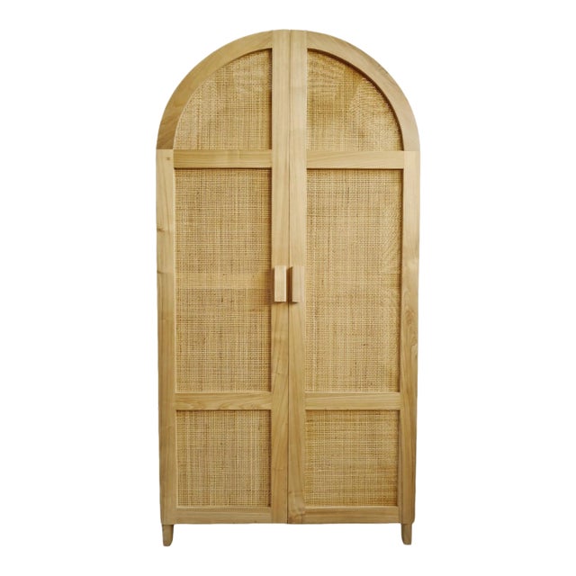 Vintage Natural Teak & Cane Armoire Storage Cabinet For Sale