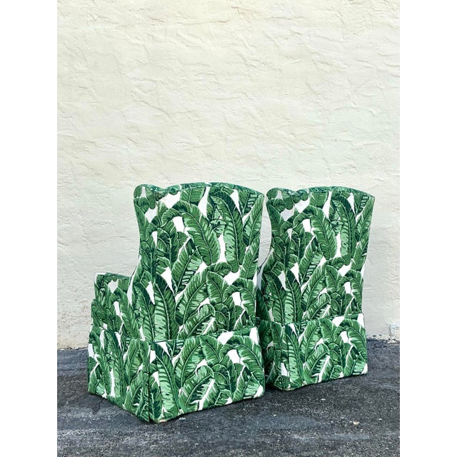 Vintage Coastal Palm Frond Skirted Wingback Chairs - a Pair For Sale - Image 9 of 12
