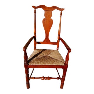 Early 20th Century Vintage Fiddle Back Rush Seat Armchair For Sale