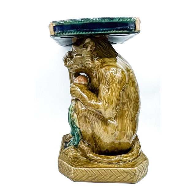 Vintage Majolica Ceramic Monkey Plant Stand – Blue & Green Glazed Chinoiserie / Hollywood Regency For Sale - Image 11 of 12