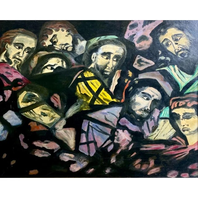 A stunning vintage abstract post-war oil on board painting. The artwork is set in a custom wood frame with the hardware...