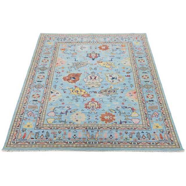 10x14 Modern Oushak Style Hand-Knotted Wool Area Rug in Sky Blue With Terracotta For Sale - Image 11 of 12