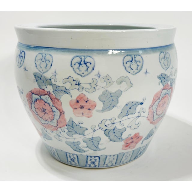 Ceramic Vintage Large Porcelain Pastel Floral Motif Fish Bowl Cachepot Planter For Sale - Image 7 of 8