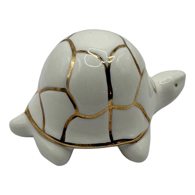1970s Mid-Century Modern Ceramic Turtle Figurine - White With Gold Accent For Sale - Image 5 of 12