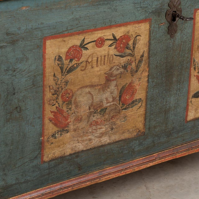 1822 Original Hand-Painted Blue Pine Flat Top Trunk For Sale - Image 9 of 13