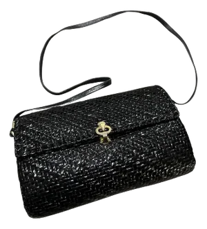 1960s French Riviera Style Glossy Black Wicker and Brass Italian Shoulder Bag