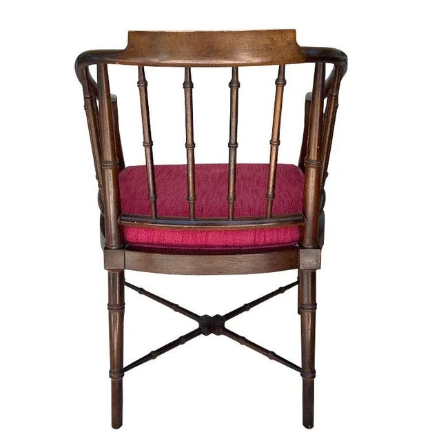 1960s 1960s Hollywood Regency Chippendale Brown and Red Faux Bamboo Wood Barrel Arm Chair For Sale - Image 5 of 8