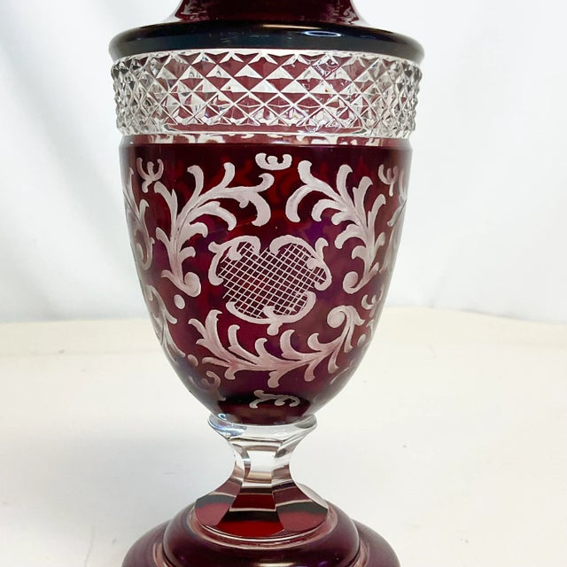 Antique Czechoslovakia Bohemian Ruby-Clear Etched Crystal Vase. For Sale - Image 9 of 11