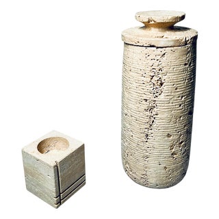 Travertine Jar and Candleholder from Fratelli Mannelli, Italy, Set of 2 For Sale