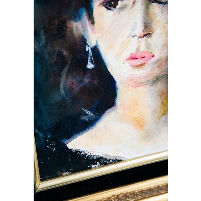 Blue Mid Century Modern Painting Portrait Original Art Artist Woman Watercolor Signed For Sale - Image 8 of 12