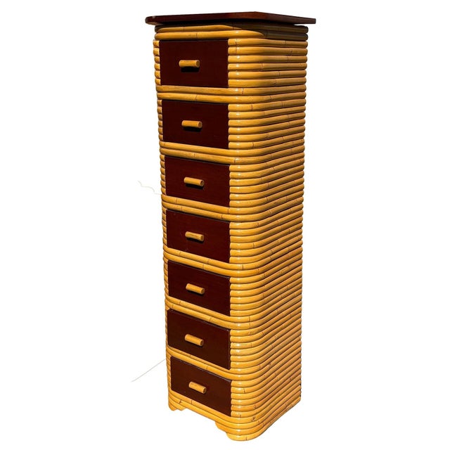 Art Deco 1930s Restored Paul Frankl Style Stacked Rattan & Mahogany Petite Chest of 7 Drawers For Sale - Image 3 of 7