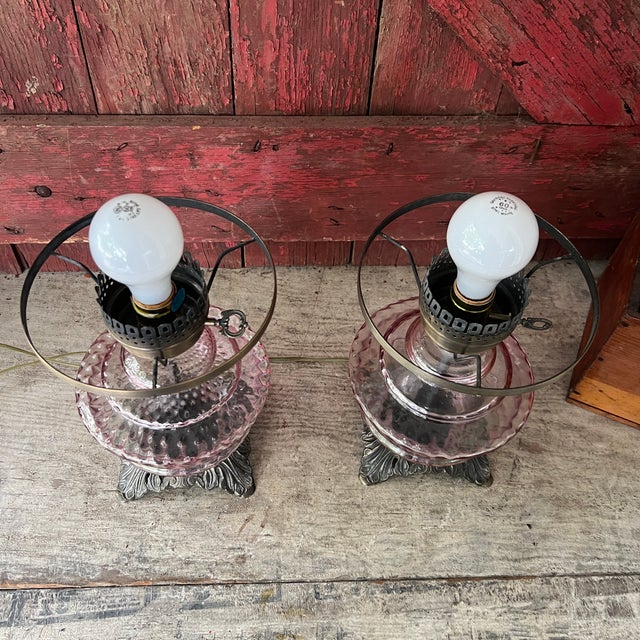 Pair of Vintage Pink Glass Hobnail Electric Lamps With Ornate Metal Bases - 10" High For Sale - Image 10 of 15
