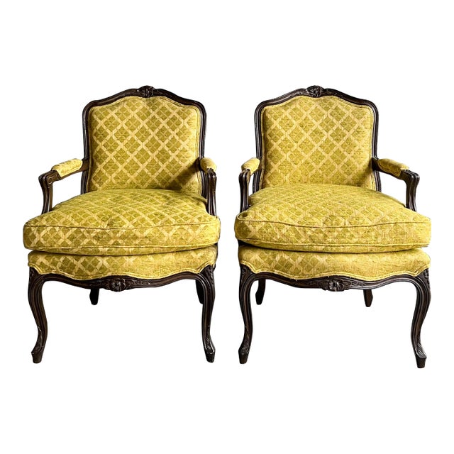 1950s Louis XV Style Ebonized and Carved Fruitwood Arm Chairs W/ Down Cushion -2 For Sale