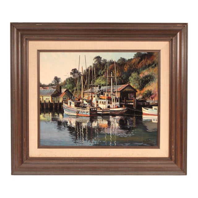 Painting by Filastro Mottola (1915-2008) of Boats in Noyo Bay For Sale