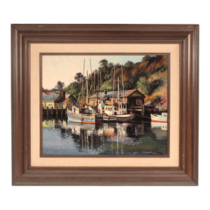 Painting by Filastro Mottola (1915-2008) of Boats in Noyo Bay
