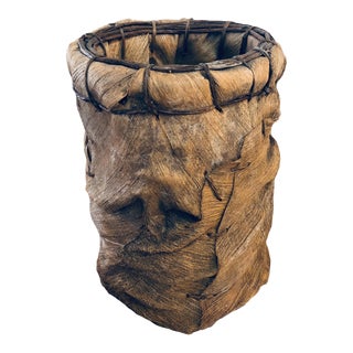 Vintage Boho Coconut Husk & Twig Rustic Large Hand Crafted Basket For Sale