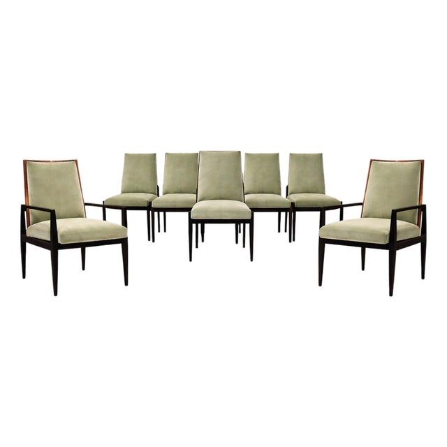 Cimo, Brazil, 1950s — Set of 8 Dining Chairs in Hardwood With Dusty Olive Mohair & Jacarandá Backs (2 Armchairs + 6 Side Chairs) For Sale