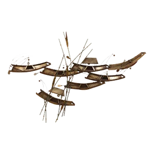 Curtis Jere Vintage Brass Metal Wall Sculpture of Asian Boats and Bamboo