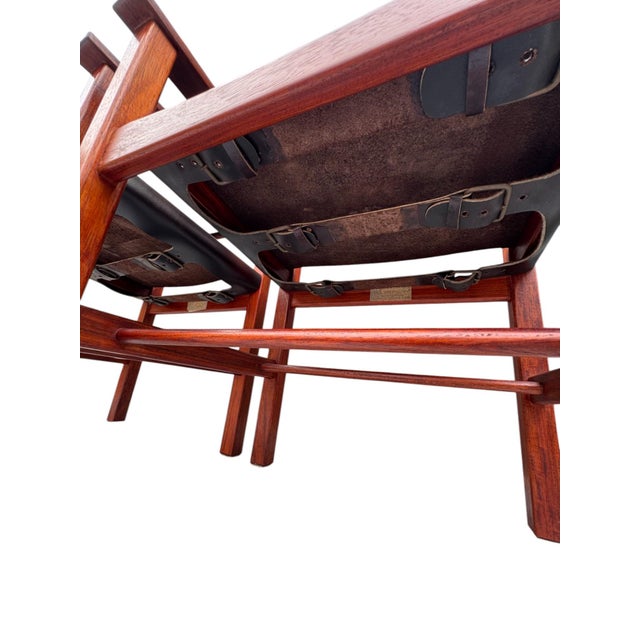 Late 20th Century Pair of Vintage Mid-Century Modern Leather and Wood Spanish/Safari Style Armchairs by Ligna For Sale - Image 9 of 11