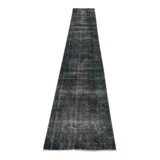 Tabriz Runner 2’8” X 14’5” Blue Wool Vintage Overdyed Hand-Knotted Rug For Sale