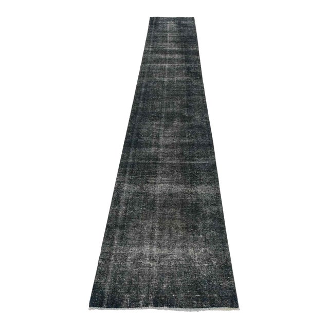 Tabriz Runner 2’8” X 14’5” Blue Wool Vintage Overdyed Hand-Knotted Rug For Sale