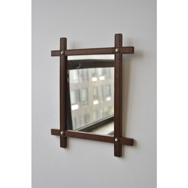 Victorian Antique Walnut Cross-Hatch Framed Mirror With Porcelain + Brass Cabochon Details, Circa Early 20th Century For Sale - Image 3 of 13