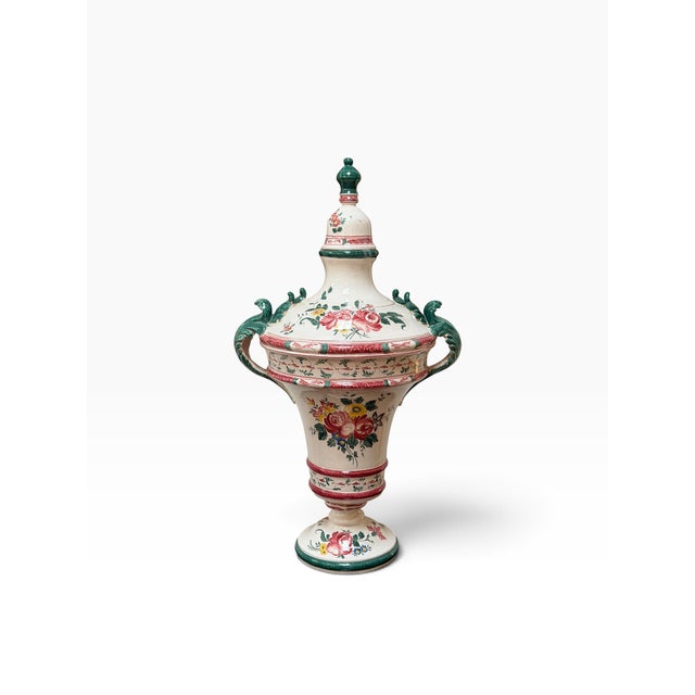 French 1 of 2 Huge Vintage Faience Pottery Covered Urn For Sale - Image 3 of 8