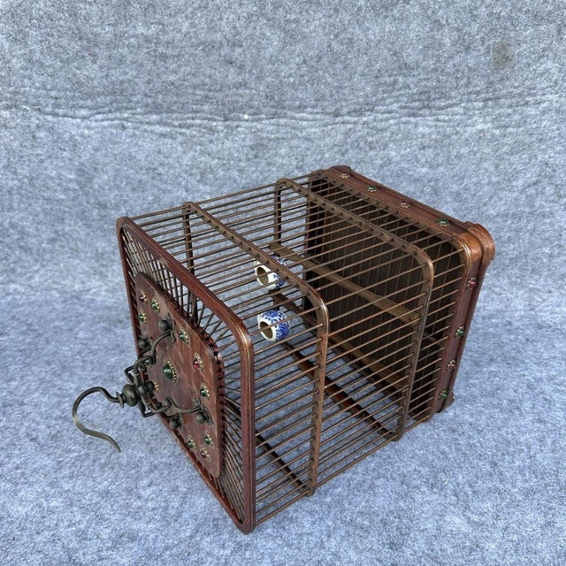 Wood Rosewood Birdcage With Blue & White Porcelain Feeders – Decorative Asian Accent For Sale - Image 7 of 9